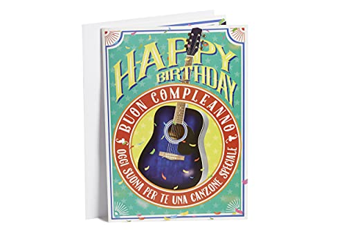 LINA OFFICINE GRAFICHE CREATIVE 11-574, Biglietto Auguri Musicale per Chi Ama il Rock, Gigante Formato A4-30 x 21 cm, all’Interno una Chitarra da Suonare con Audio di Happy Birthday, Taglia Unica