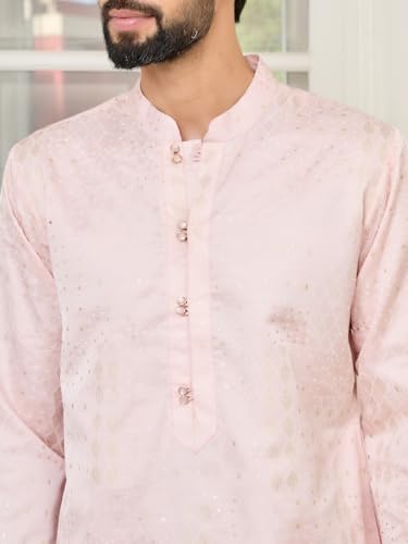 Image of See Designs Men's Full Sleeve Mandarin Collar Floral Embroidered Mandarin Collar Thread Work Straight Long Kurta with Pyjama - Festive Collection