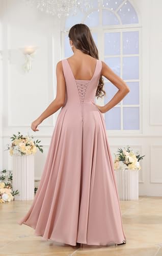 POMUYOO Sleeveless Bridesmaid Dresses for Women V-Neck Chiffon Ruffles Long Formal Party Gowns for Wedding2
