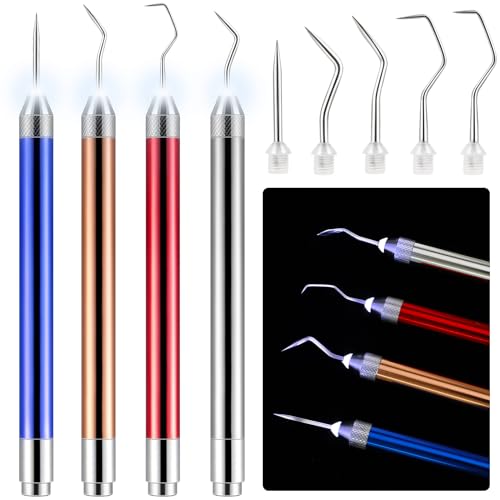 Leriton 4 Pcs LED Weeding Tools for Vinyl with Light Weeding Tool with 5 Different Hooks Lighted Pin Pen Tool for Removing Iron on Tiny Vinyl Paper Crafting Silhouettes DIY(Colorful)
