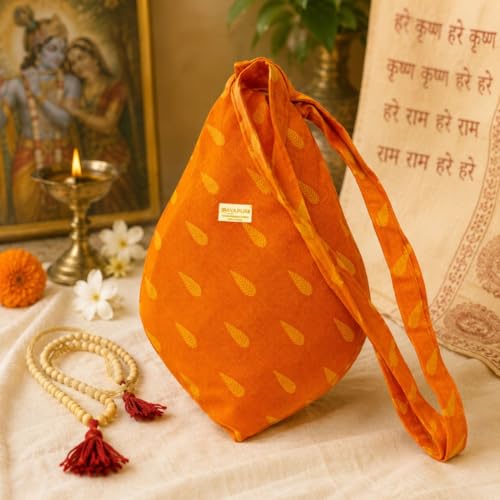 Image of Original Pure Cotton Gomukhi Japa Mala Bag /Chanting Bag or Beads Bag /Jholi /Thole with Zip Pocket and Sakshi Mala Counter (Saffron Orange)