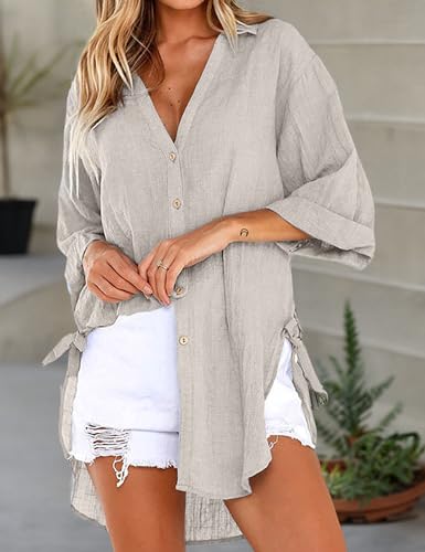 Image of Bozanly V Neck 3 /4 Sleeve Button Shirts Summer Beach Blouse Tops for Women