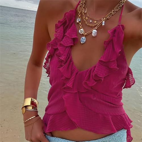 Women Crop Halter Cami Top Irregular Ruffle Edge Deep V Neck Halter Cami Top Sexy Solid Color Backless Tank Shirt3