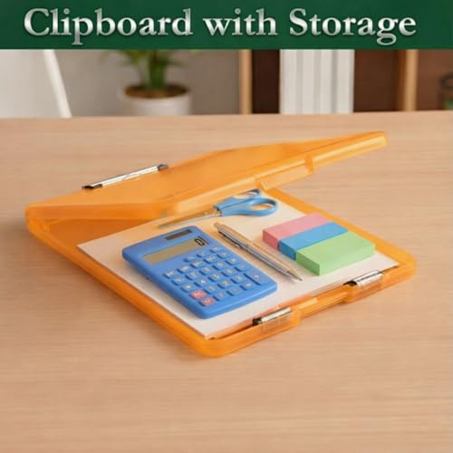 Image of Yajnas A4 Size Clipboard with Storage Box | 180 Foldable Exam Pad & Writing Board | Heavy Duty Plastic File Folder with Pen Holder & Paper Storage for Students, Office & Field Use (Saffron)