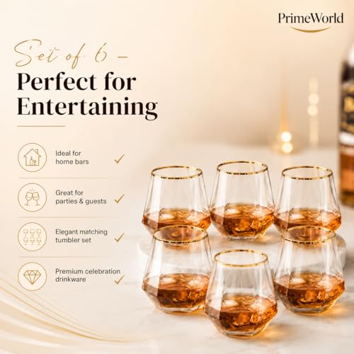 Image of PrimeWorld Gold Rim Diamond European Crystal Whiskey Glasses Set of 6 pcs- 300 ml Bar Glass for Drinking Bourbon, Whisky, Scotch, Cocktails, Cognac- Old Fashioned Cocktail Tumblers