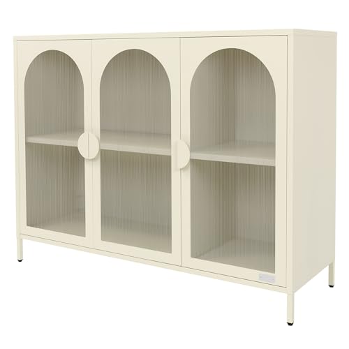 ML-Design Meuble de Rangement Métallique Crème 120x93x40 cm, Buffet Moderne avec Compartiments et 3 Portes, sur Pieds Réglables en Hauteur, Armoire Vitrine...