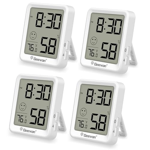 Geevon 4Pack Mini Indoor Thermometer Hygrometer with Comfort Indicator, Room Temperature & Humidity Monitor with Time Display, °C/°F & 12/24H