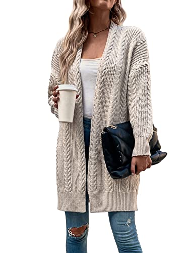 Azuki Women's Long Sleeve Cable Knit Chunky Sweater Open Front Cardigan Loose Outerwear