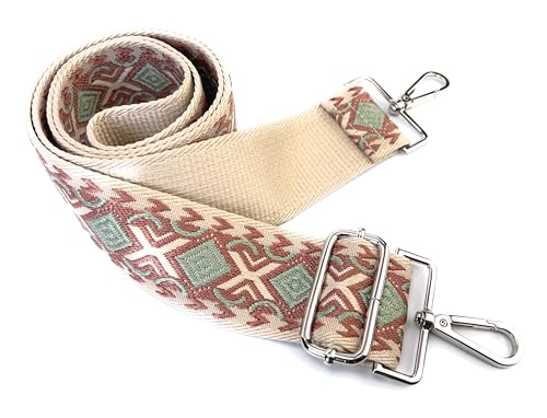 Image of Ivory Sage Green Boho Diamond Purse Strap with Silver Hardware 2 Inch Wide Replacement Crossbody Guitar Style Shoulder Strap for Handbags Totes