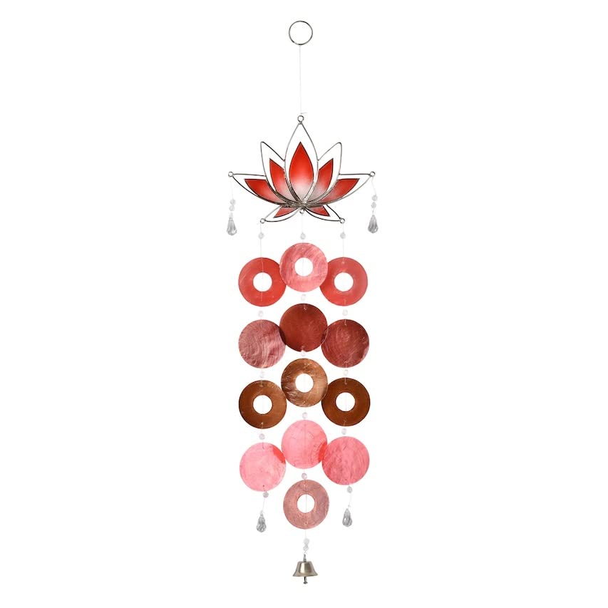 OM Gallery Capiz Shell Wind Chime - Colorful Wind Chimes, Beach Hawaiian Wind Chime Sea Shell Chime For Outside and Inside, Gift for Patio Garden and Yard, Lotus Red