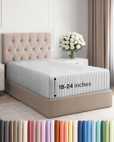 Image of Extra Deep Twin Fitted Sheet - Single Fitted Sheet Only - Grey Stripes | Easily Fits 18 inch to 24 inch Mattress, Soft, Wrinkle Free, Breathable & Comfy, Extra Deep Pockets Hotel Luxury Fitted Sheet
