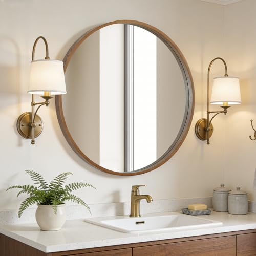 Image of WallBeyond Round Wood Mirror, 32 inch Round Modern Decoration Large Circle Wall Mirror for Bathroom Living Room Bedroom Entryway, Walnut