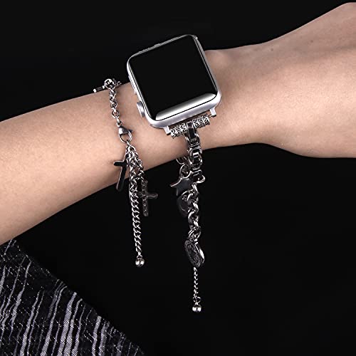 VIIVY VIYIV Bling Bands Compatible with Apple Watch Band 38mm 40mm 42mm 44mm Iwatch SE Series 6/5/4/3/2/1, Women's Rhinestone Stainless Steel Bracelet Charms Strap Metal Silver