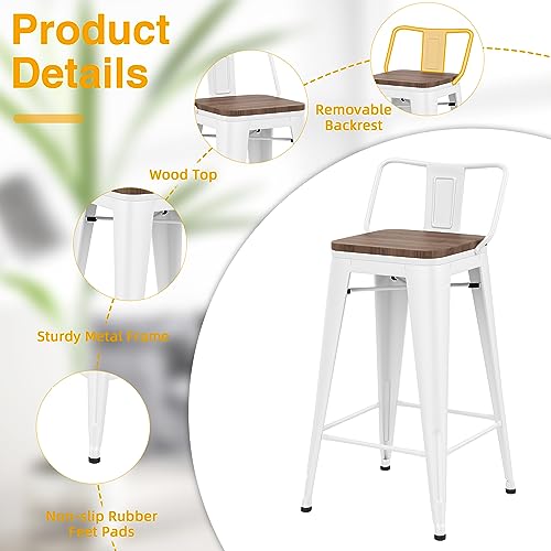 Image of Yongchuang 24 inch Metal Bar Stools Set of 4 Counter Height Barstools Farmhouse Kitchen Bar Chairs with Wood Seat Low Back Cream White