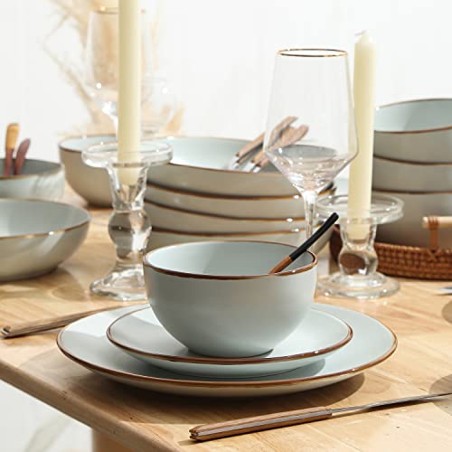 Image of Stone Lain Brasa Stoneware 16 Piece Modern Dinnerware Set, Plates and Bowls, Service for 4, Light Green, Microwave & Dishwasher Safe