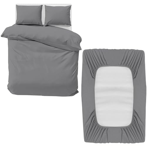 MOONLIGHT20015 Double Bedding Set 4 Piece Duvet Cover Fitted Sheet with Pillow cases Soft Brushed Microfiber Duvet Cover sets Grey