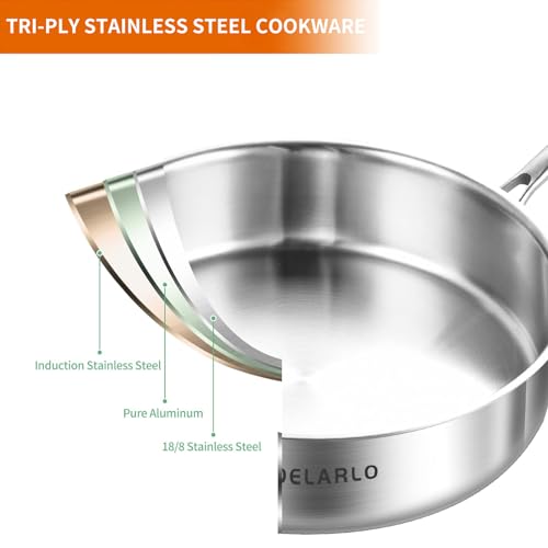 DELARLO Tri-Ply Stainless Steel Frying Pan,12 inch Skillet with Lid,6 Quart Saute Pan,Compatible with All Cooktops,Oven Up to 660℉,Chicken Fryer,Dishwasher-Friendly