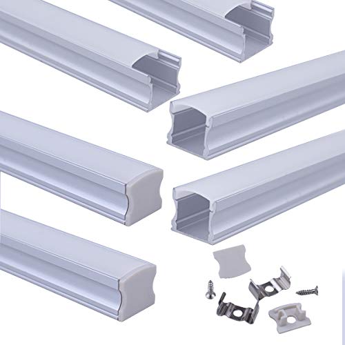 Muzata LED Channel Spotless Lighting Effect with Fluorescent Frosted Diffuser Cover,Deep Silver Aluminum Extrusion Profile Track for LED Strip Light,6Pack /3.3ft U101 1M WW,LU2 LN1 LW1