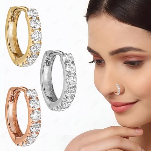 Image of VAMA FASHIONS Silver Gold Rosegold Crystal Stone Piercing Ring Nose Pin Pierced Hole Type Nosepin for Women & Girls