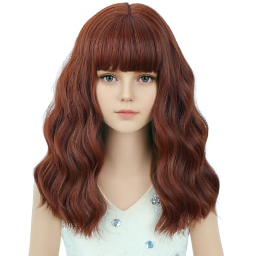 Image of Dark Orange Wig Short Orange Wavy Curly Wigs Wig with Air Bangs Synthetic Cosplay Hair Wigs
