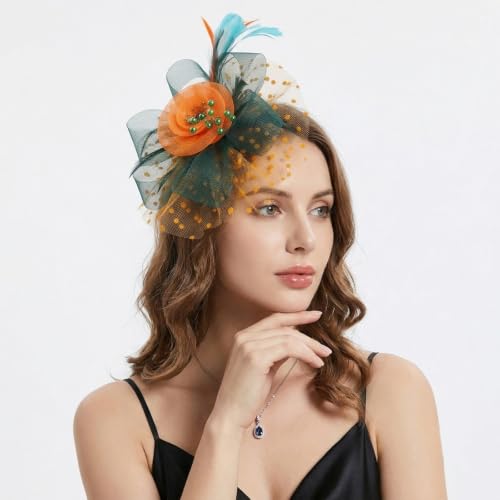 Image of DRESHOW Fascinators Hat Flower Mesh Ribbons Feathers on a Headband and a Clip Tea Party Headwear for Girls and Women