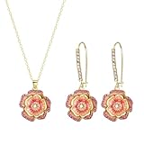 BriLove Rose Flower Necklace Earrings Set for Women Shiny Rhinestone Enamel Floral Fashion Jewelry for Party Prom Accessories Pink Gold-Tone