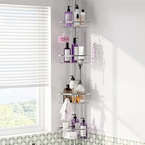 ESSEME Corner Shower Caddy Tension Pole: 47-121 inch Adjustable Stainless Steel Rustproof 4-Tier Shower Organizer Cover