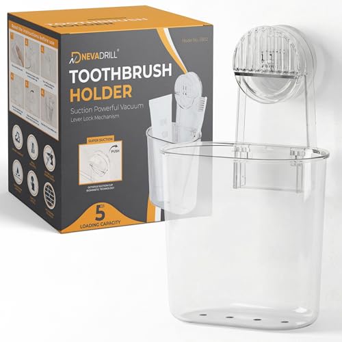 Image of Wall Mounted Toothbrush Holder with Vacuum Suction Lever Lock, No Drill Bathroom Organizer for Toothbrush, Toothpaste & Razor, Strong Hold on Tiles & Glass (Pack of 1) [ND-13812]