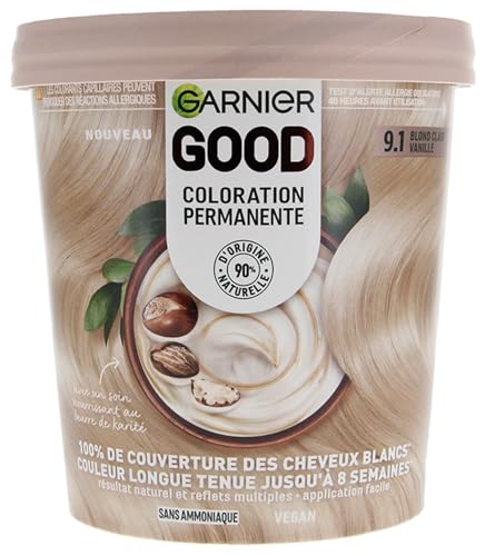 Garnier - Coloración permanente del cabello – Sin amoniaco – 90% ingredientes naturales – Manteca de karité – 100% cobertura para cabello blanco – Good Bond Light Vanilla 9.1