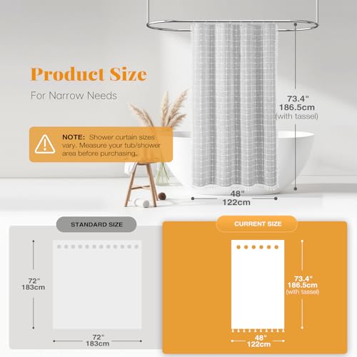 Image of BTTN Boho Shower Stall Curtain - 48x72 Narrow Linen Ultra Thick Tassel Fabric Shower Curtain Set with 8 Plastic Hooks, Half Camper RV Modern Farmhouse Country Shower Curtains for Bathroom, Grey /Gray