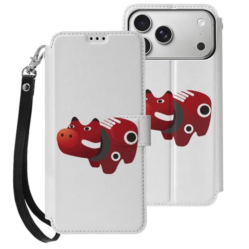iPhone17ProMax用ケース カバー 手帳型 赤べこ おもちゃ 福島 会津 アイフォン17ProMax カード収納 ストラップ付き 落下防止 横置きスタンド機能 全面保護 Case