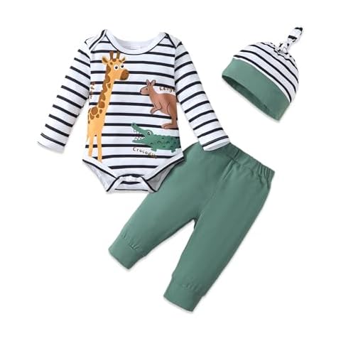 SUNNY PIGGY Baby Boy Clothes Preemie Newborn Outfit Infant Boy 0 3 6 9 12 Month Clothes Romper +Hat+Pants Winter Fall Set 3PCS Green Stripes Cover