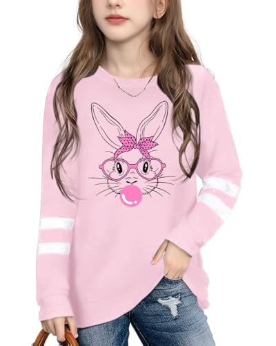 LAZYCHILD Kids Easter Shirt Girls Happy Easter Shirts Rabbit Graphic Long Sleeve Striped Tee Tops 5-14 Years - Main Image