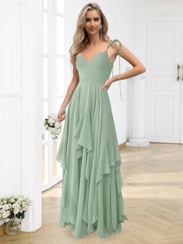 Chiffon Bridesmaid Dresses for Wedding Long Pleated V Neck Spaghetti Straps Tiered Ruffle Formal Evening Gown3