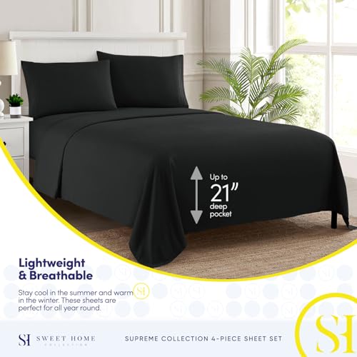 Queen Size Bed Sheets - Breathable Luxury Sheets with Full Elastic & Secure Corner Straps Built In - 1800 Supreme Collection Soft Deep Pocket Bedding, Sheet Set, EXTRA DEEP pocket - Queen, Black