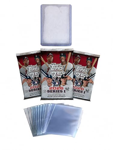 2026 Topps Series 1 Baseball Cards Value Pack 3 Factory Sealed Packs (42 Cards Total) + 10 Penny Sleeves + 1 Top Loader MLB Trading Card Bundle (Topps 75th Anniversary Design)