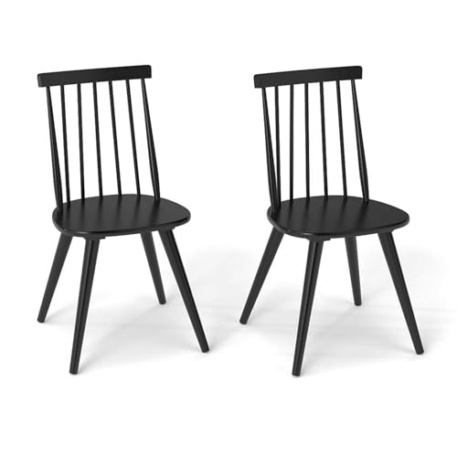 Giantex Windsor Dining Chairs Set of 2, Farmhouse Wooden Black Kitchen Chairs w/Solid Rubber Wood Frame, Spindle Back, Large Seat, Mid-Century Modern Armless Side Chair for Dining Room Restaurant