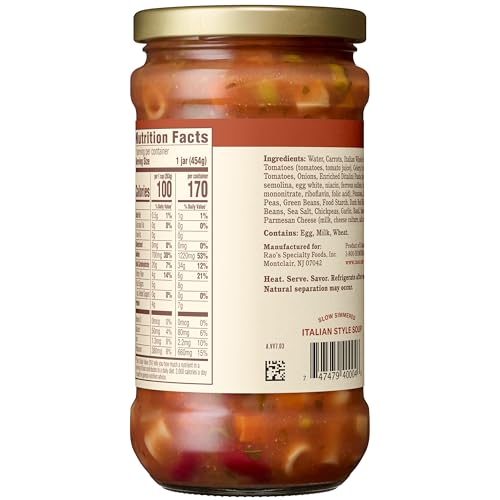 Image of Rao's Homemade Vegetable Minestrone Soup, 16oz, Real Vegetables, Traditional Italian Heat and Serve Soup (Pack of 4)
