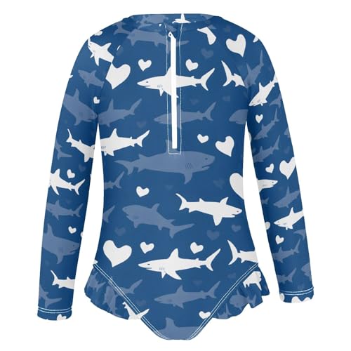 ALAZA White Shark Fish Heart Blue Girls One Piece Swimsuit Long Sleeve Rash Guard Swimsuits UV 50+ Swimwear Zipper2