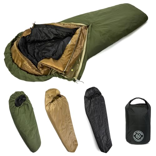 Military Modular Sleeping System with Center Zipper 3-Layer Sleeping Bag with Patrol Bag Intermediate Bag & Waterproof Bivy Cover Tactical Cold Weather Sleeping Kit with Vacuum Compression Sack