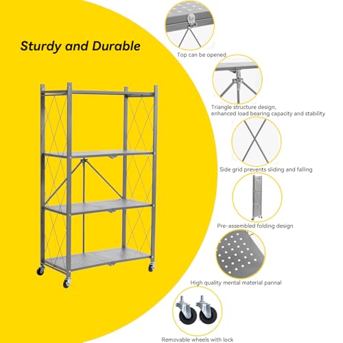 Image of BRIAN & DANY 4-Tier Foldable Storage Shelves with Wheels, Folding Metal Rack Shelving Unit, Heavy Duty No Assembly Organizer Shelf for Garage, Kitchen, Basement, Pantry, Gray
