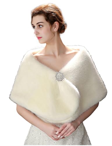Teyglen Bridal Faux Fur Wrap Shawl Cape for Women Wedding Evening Party White Fur Stole Wrap with Brooch Warm Cover Fur Scarf