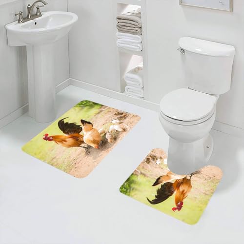 QRFASFZO Juego de Alfombrillas de baño, 2 Piezas,Antideslizantes,para baño y Inodoro,Animales, una Pareja de gallos y gallinas y un Grupo de Polluelos Buscando Comida en,Alfombra baño Secado rapido
