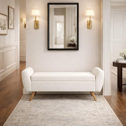 Image of HomePop 60 inch Modern Storage Bench with Wood Legs - Cream Woven
