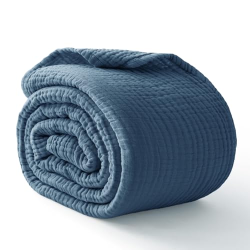 Image of 100% Cotton Muslin Blanket 40 inch x 40 inch, Breathable and Lightweight Cotton Throw Blankets, Soft Cooling Summer Gauze Blanket for All Season, Blue