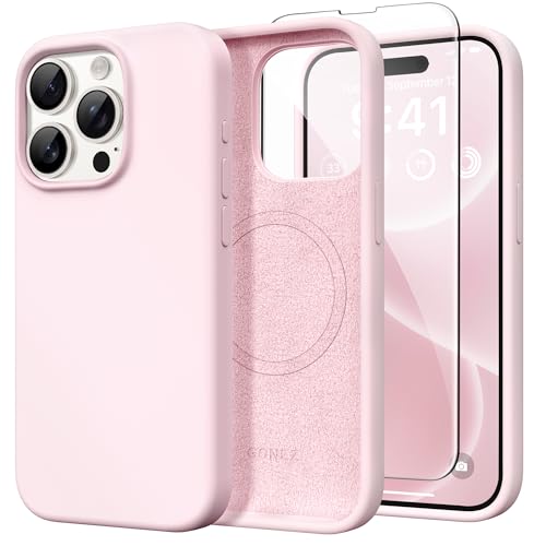 GONEZ Magnetic for iPhone 15 Pro Case, [Compatible with MagSafe] Anti-Scratch Microfiber Lining & Screen Protector, Shockproof Slim Phone Silicone Cover 6.1 inch, Chalk Pink