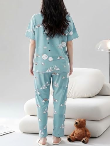 Image of Women's Korean Style Night Suit Set | Cotton Half Sleeve Top & Pyjama Set | Round Neck Printed Nightsuit | Comfortable Nightwear & Loungewear for Women | Sleepwear Pjs Lounge Set |Co-ords Outfit