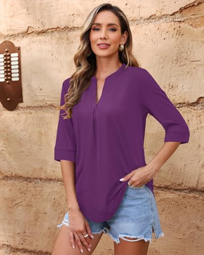 AUSELILY Womens 2025 Dressy Blouses Casual 3/4 Sleeve V Neck Pleated Work Shirts2