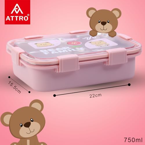 Image of Attro Bento 3 Deluxe Lunch Box with Inner Stainless Steel & Secure Lock Cute Eye Catchy Design Food Grade, Leakproof, Vacuum Seal Design Use for School Kids & Outdoor- 750ml Soft Pink