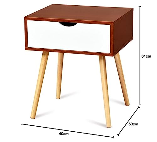 Image of Storage Nightstand Mid-Century Modern Bedside Table with Solid Wood Legs Minimalist and Practical End Side Table- 1 Drawer -Brown White